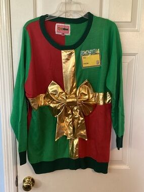 Tipsy Elves Green & Red Holiday Present Sweater with Gold Bow